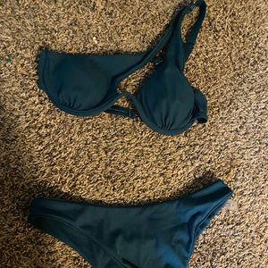 One shoulder dark green bikini